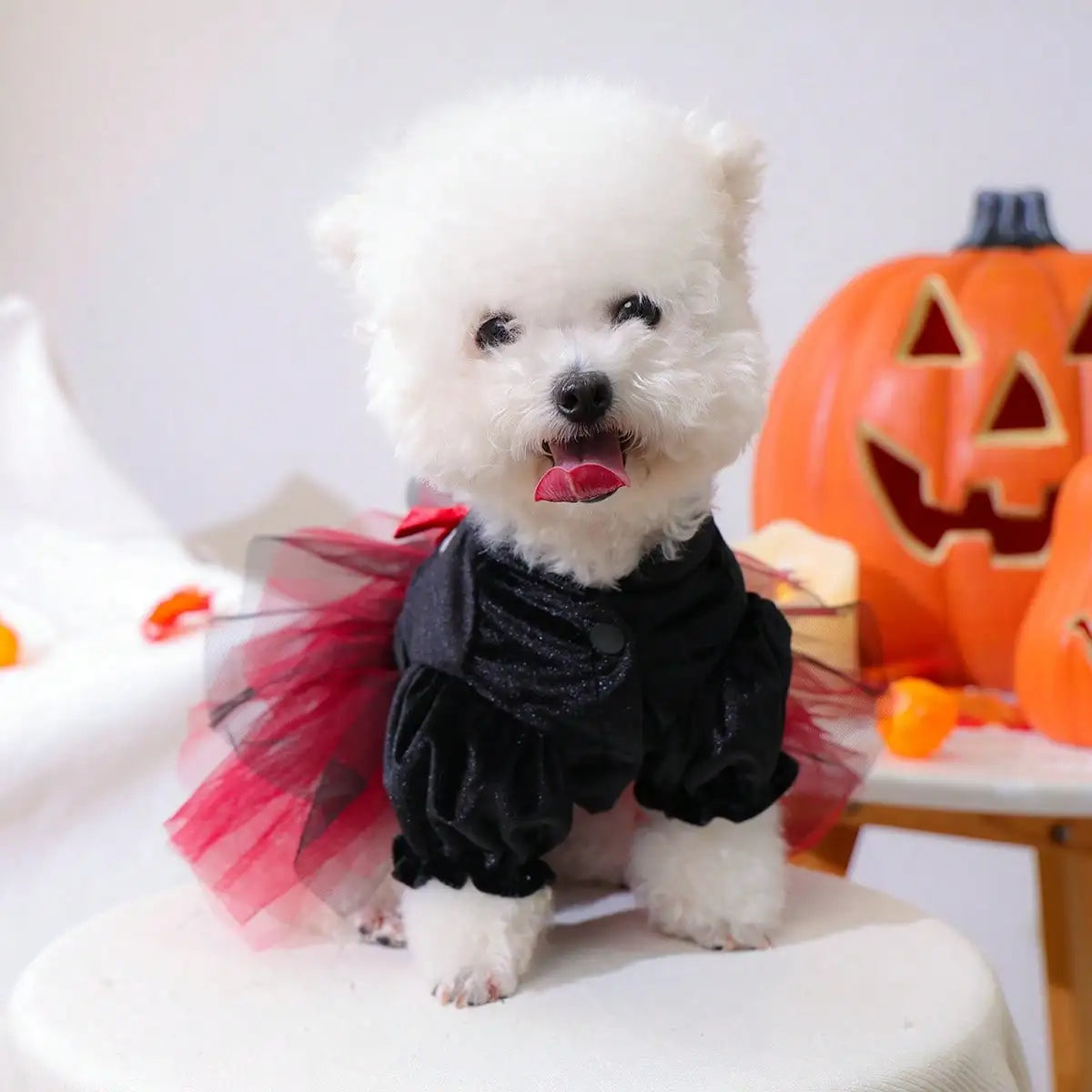 Halloween Puppy Tulle Costume With Bow And Skull Pattern
