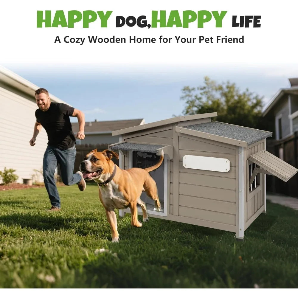 Outdoor Wooden Dog House With Weatherproof Design And Vent Windows
