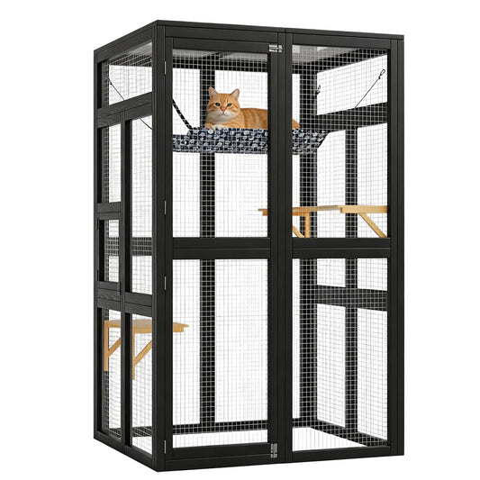HiMISS Outdoor Wooden Catio Enclosure With Wheels Weatherproof Roof