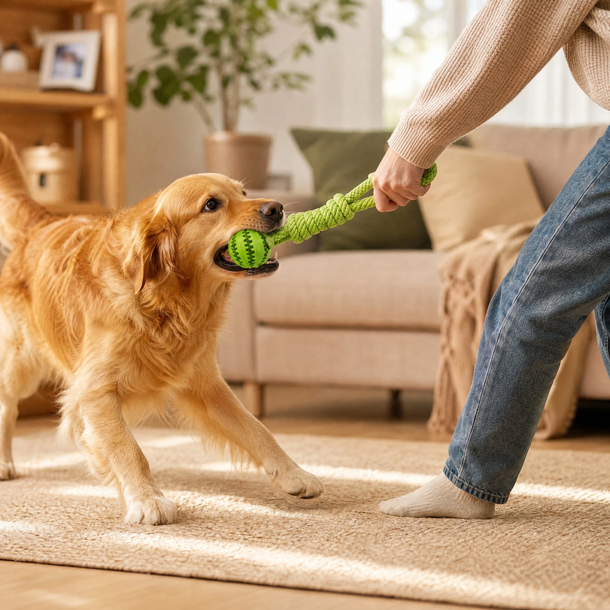 Interactive Dog Treat Dispensing Ball With Rope Chew Toy