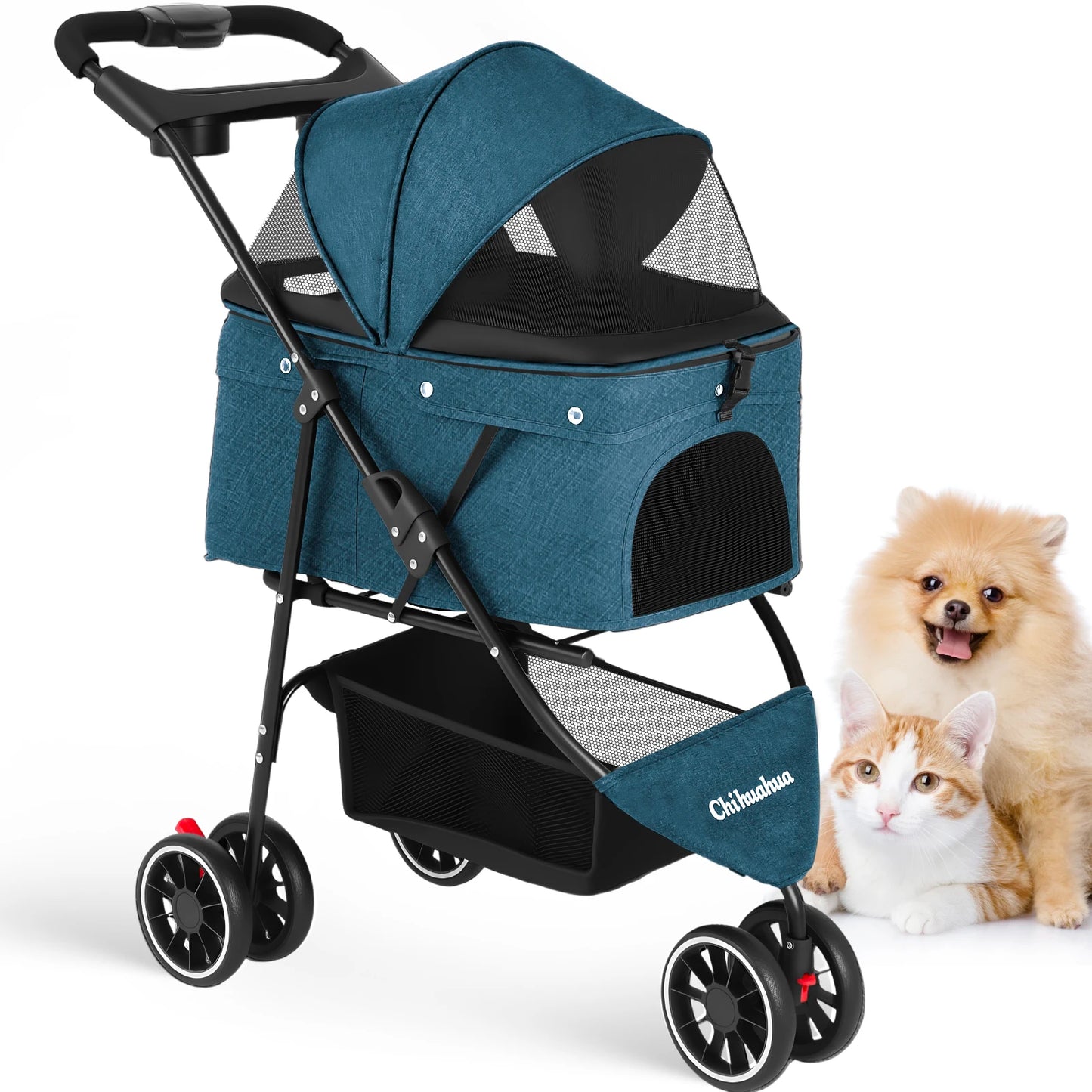 Chihuahua Pet Stroller For Cats And Dogs Foldable 3 Wheels Mesh Canopy