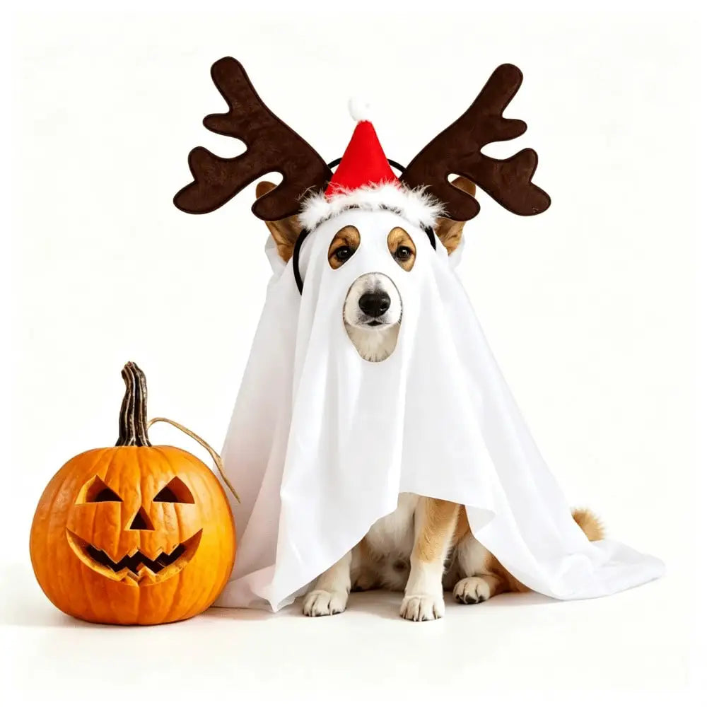 Halloween Ghost Pet Cape Reindeer Antlers Headband Set