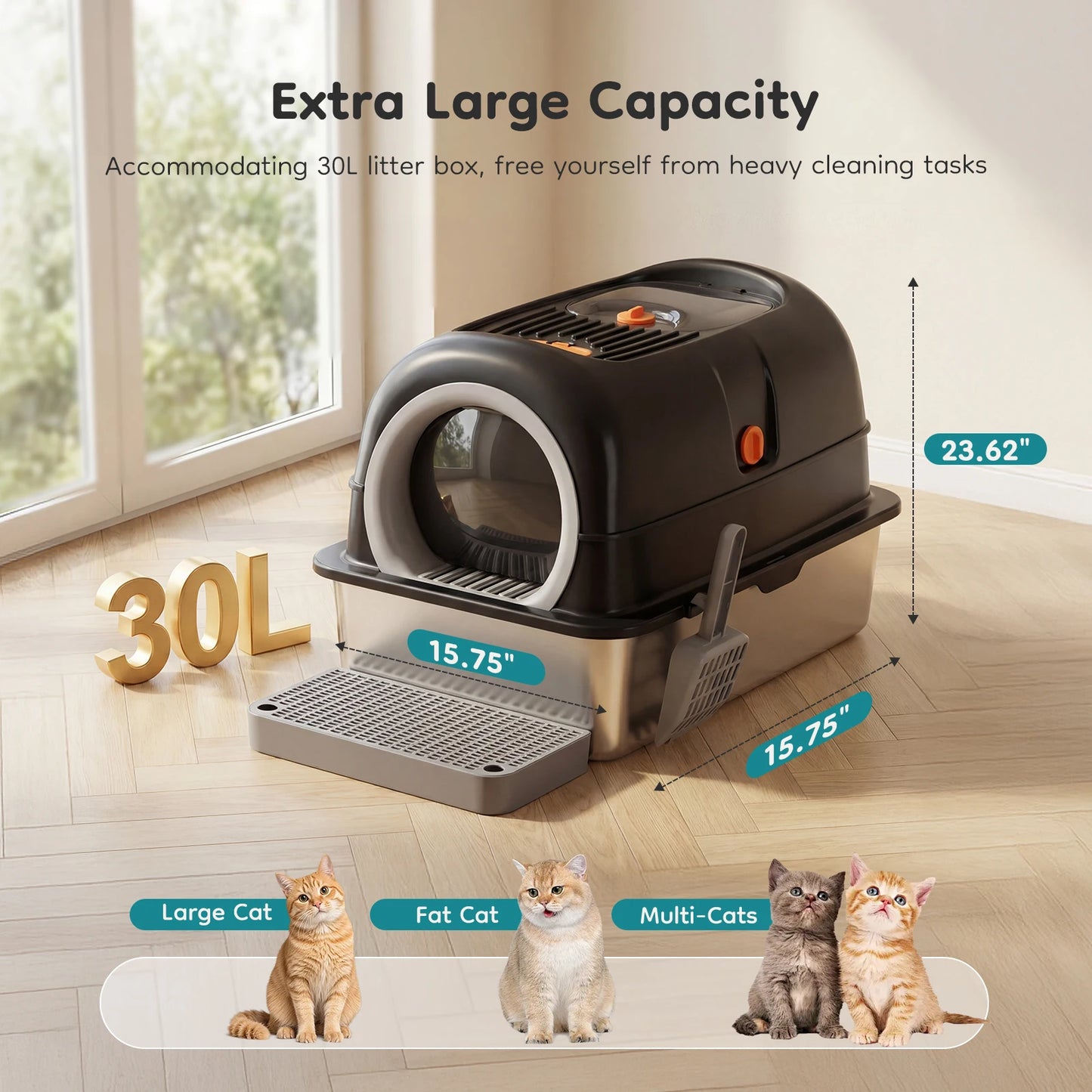Stainless Steel Cat Litter Box Fully Enclosed, Scoop And Mat
