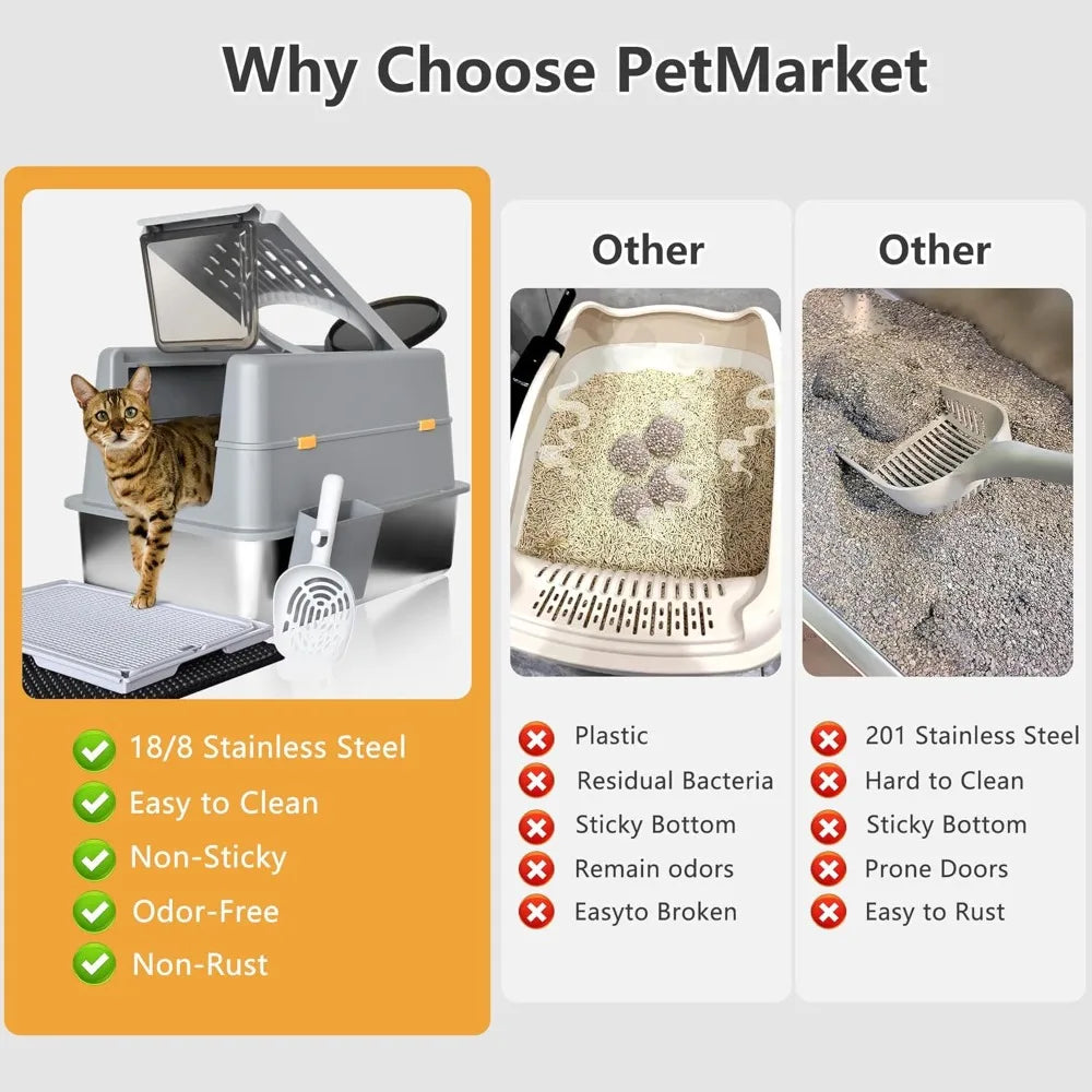Stainless Steel Litter Box With Lid For Cats Enclosed