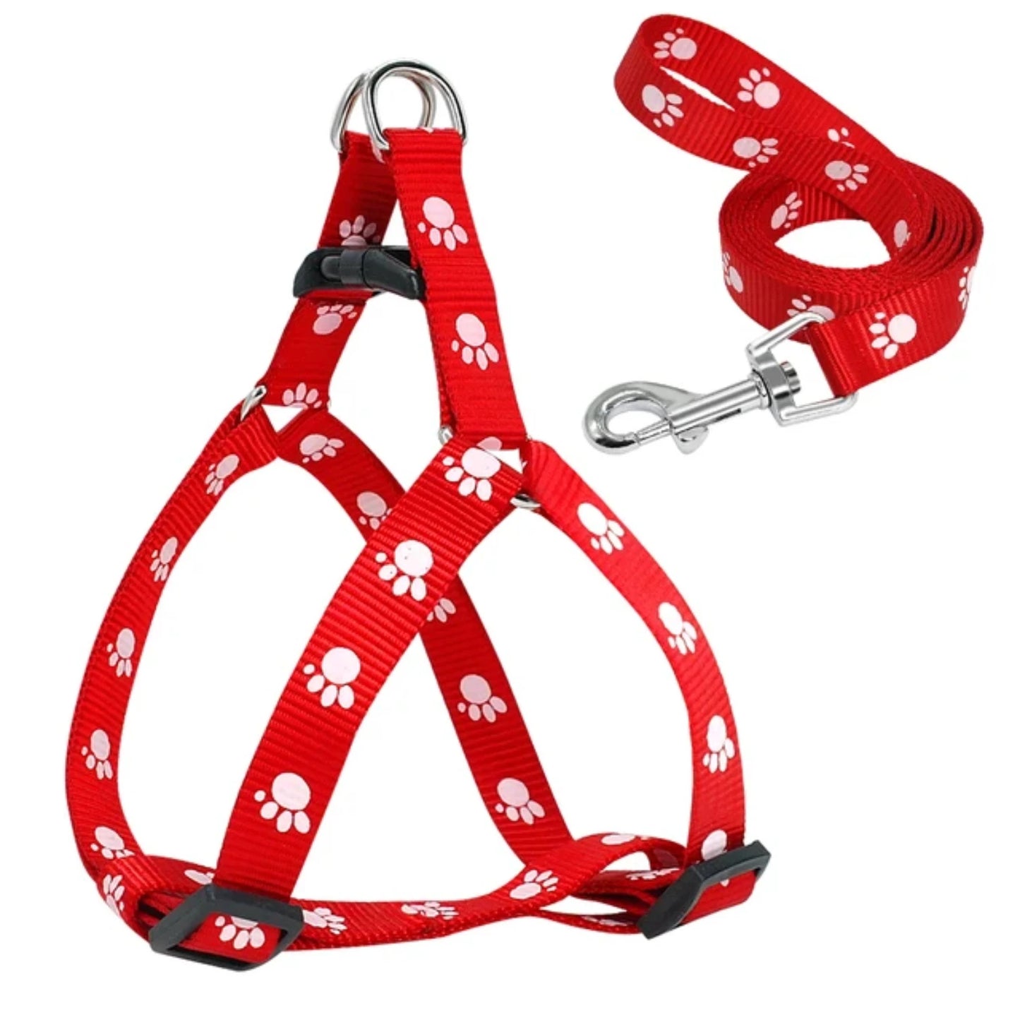 Adjustable Nylon Dog Harness And Leash Set With Paw Prints