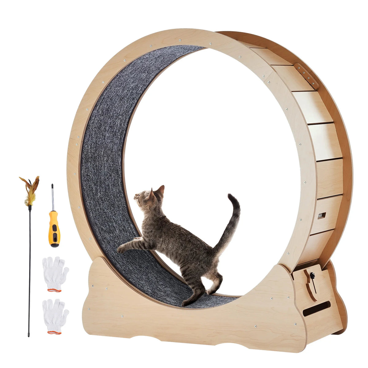 Wooden Indoor Cat Exercise Wheel With Detachable Carpet Toy
