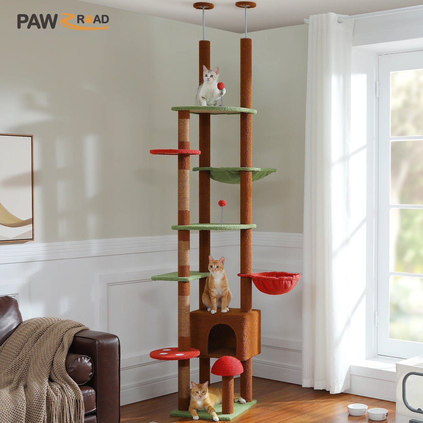 PAWZ Road Height Adjustable Wooden Cat Tree With Hammock And Sisal Posts