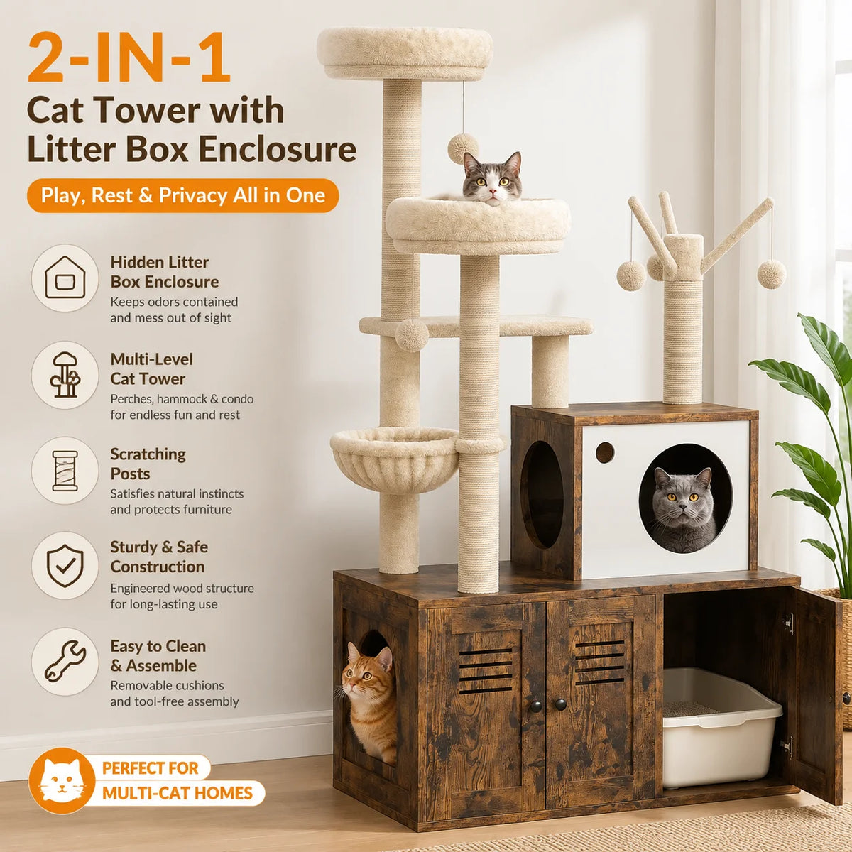 Modern Cat Tower With Hidden Litter Cabinet And Scratching Posts
