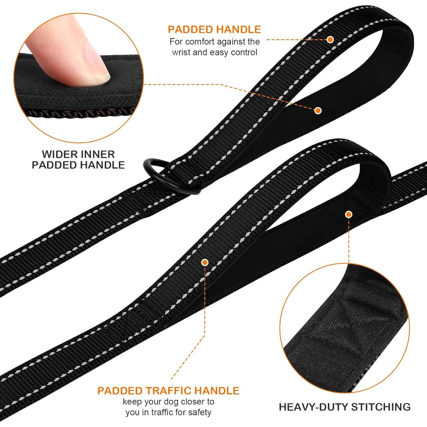 Heavy Duty Double Handle Dog Leash With Reflective Strips