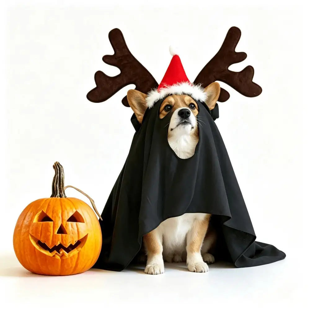 Halloween Ghost Pet Cape Reindeer Antlers Headband Set