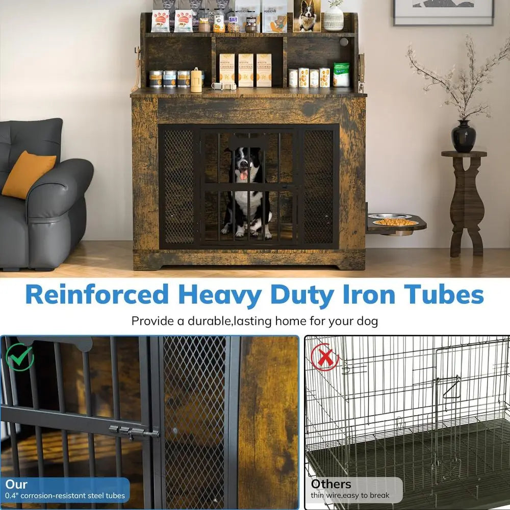 Indoor Dog Crate Furniture With Storage Shelves Stainless Steel Bowls