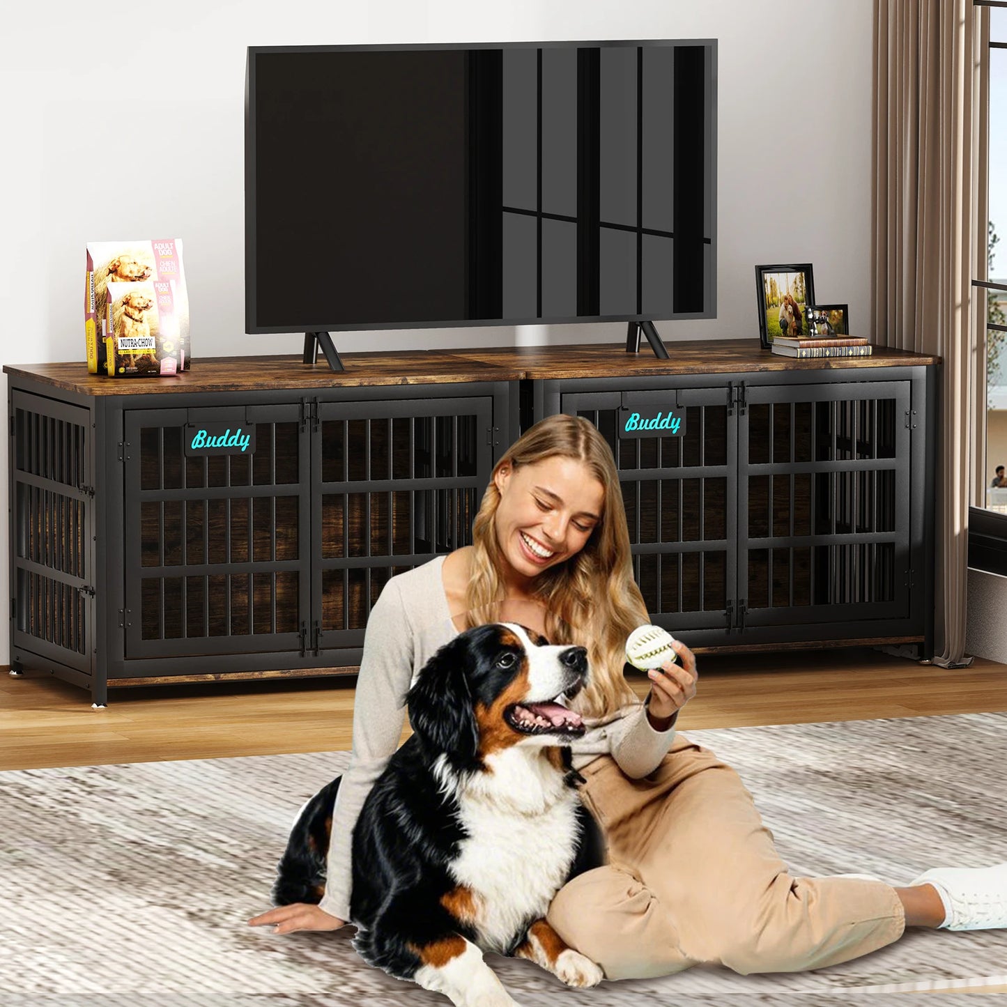 Heavy Duty Metal Wood Dog Crate Furniture with Casters