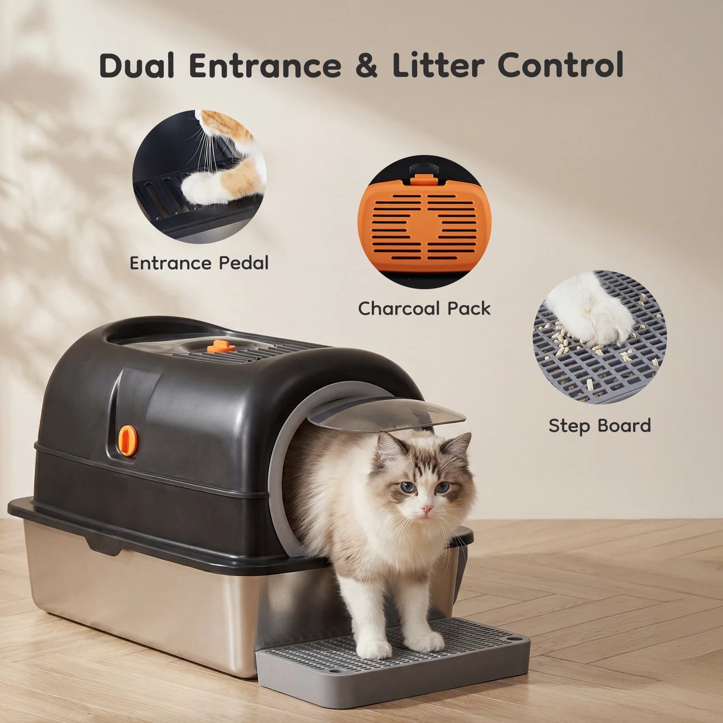 Stainless Steel Cat Litter Box Fully Enclosed, Scoop And Mat