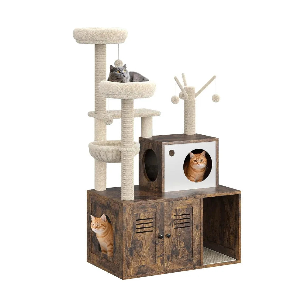 Modern Cat Tower With Hidden Litter Cabinet And Scratching Posts