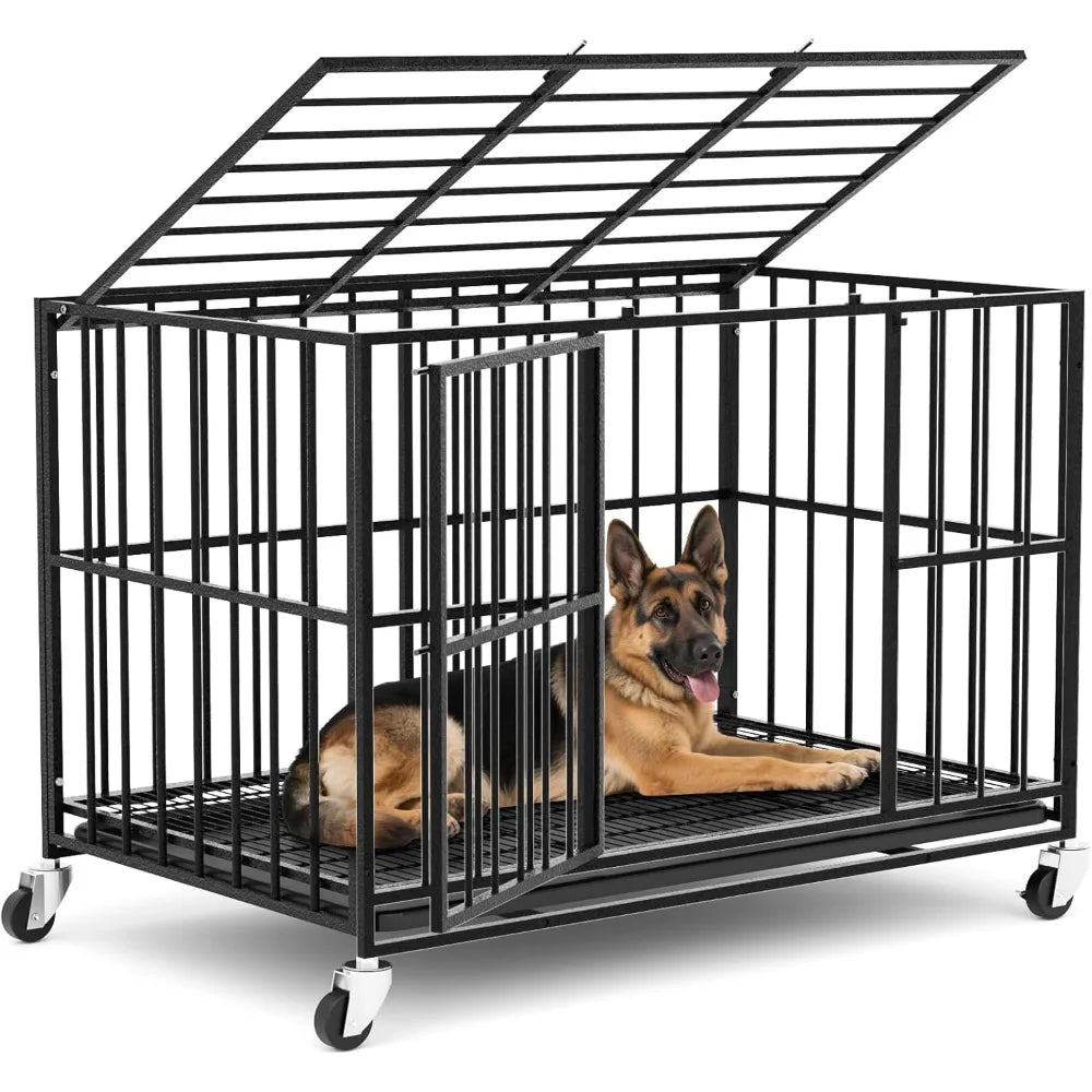 Heavy Duty Steel Dog Crate With Double Doors Lockable Wheels