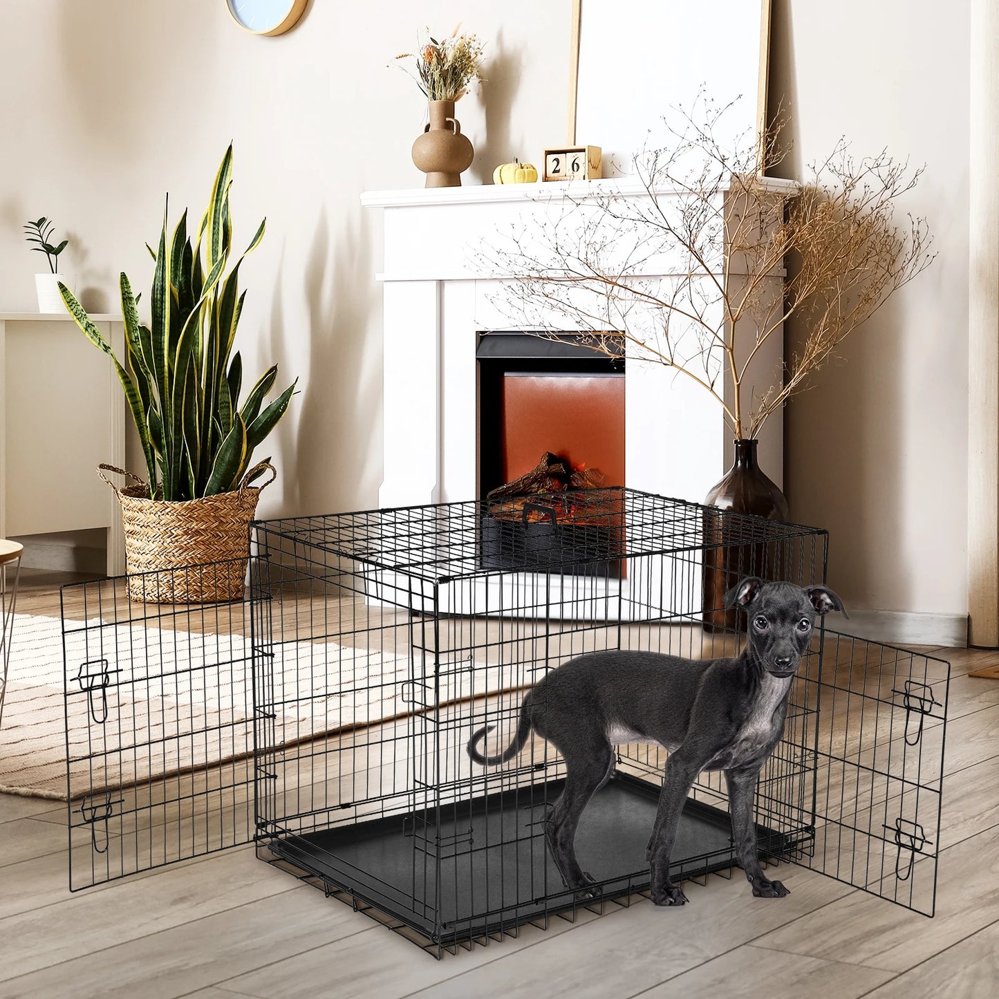 JHK Double Door Folding Metal Dog Crate With Leakproof Tray