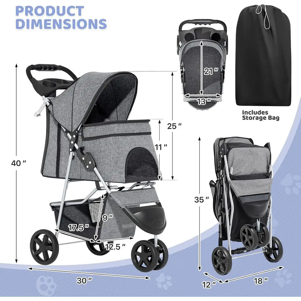 Foldable Three Wheel Pet Stroller With Breathable Carrier