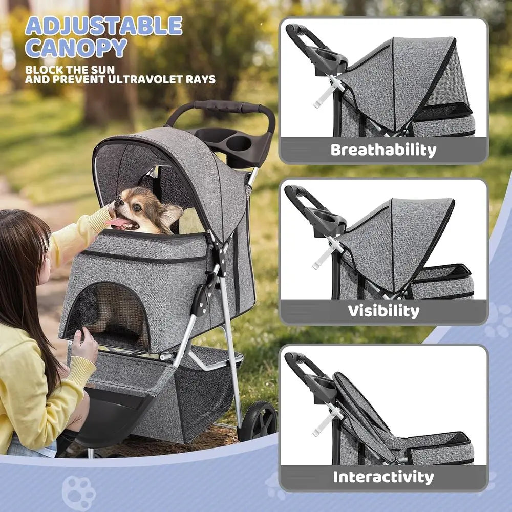 Foldable Three Wheel Pet Stroller With Breathable Carrier