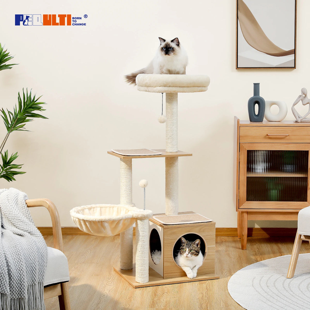 Pawz Road Multi Tier Wooden Cat Tree With Sisal Scratcher