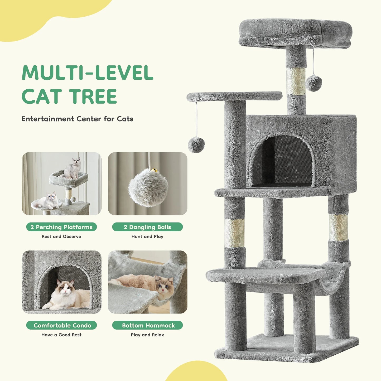 JHK Cat Tree Tall Multi-Cat Climbing Tower With Sisal Posts
