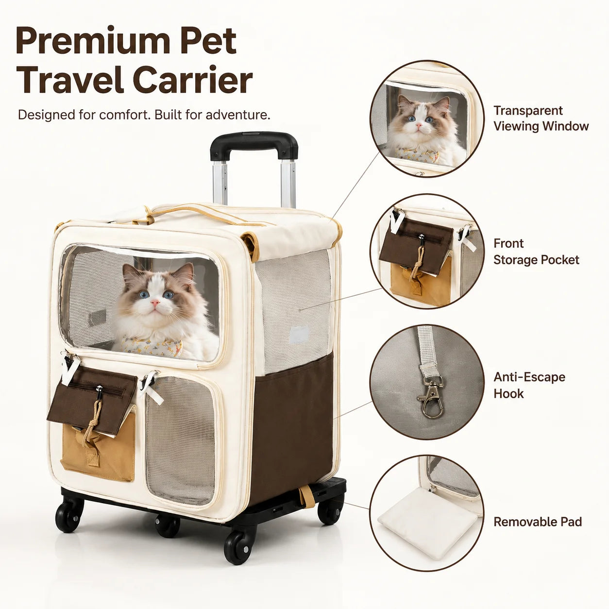 2-In-1 Rolling Cat Carrier With Wheels And Telescopic Handle