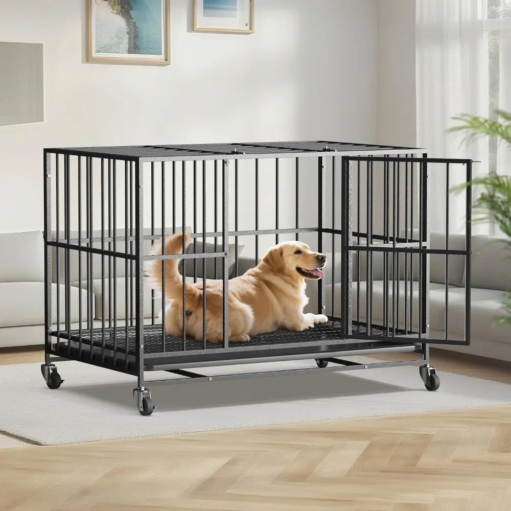 Heavy Duty Steel Dog Crate With Double Doors Lockable Wheels