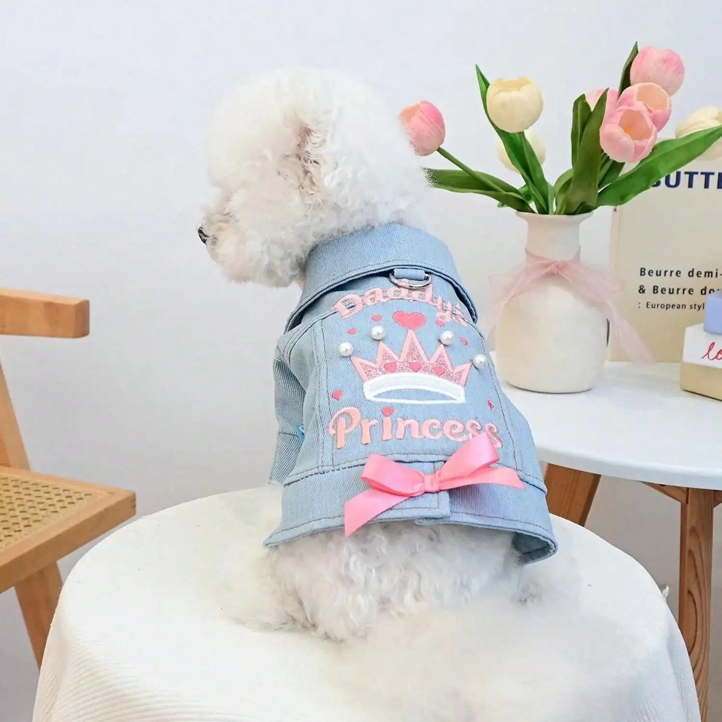 Designer Dog Denim Jacket - Cute Stylish Princess Style With Fun Prints For Small Dogs Pet Jeans Vest