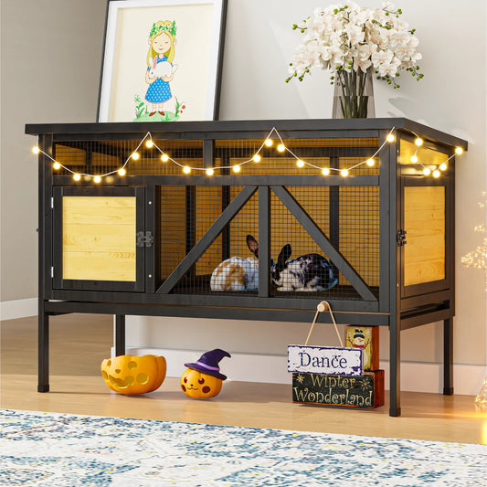 46.7" Elevated Bunny Cage, Small Animal Habitat with Double Doors, Leak-Proof Tray & Asphalt Roof, Indoor/Outdoor Rabbit Hutch for Rabbits