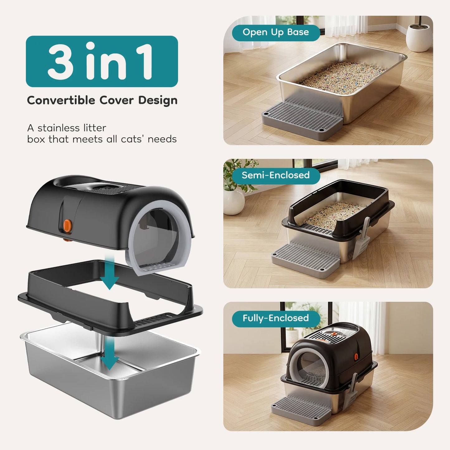 Stainless Steel Cat Litter Box Fully Enclosed, Scoop And Mat