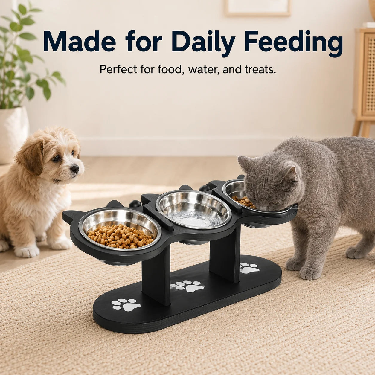 Tilted Elevated Cat Bowl Stand Detachable With Three Stainless Bowls