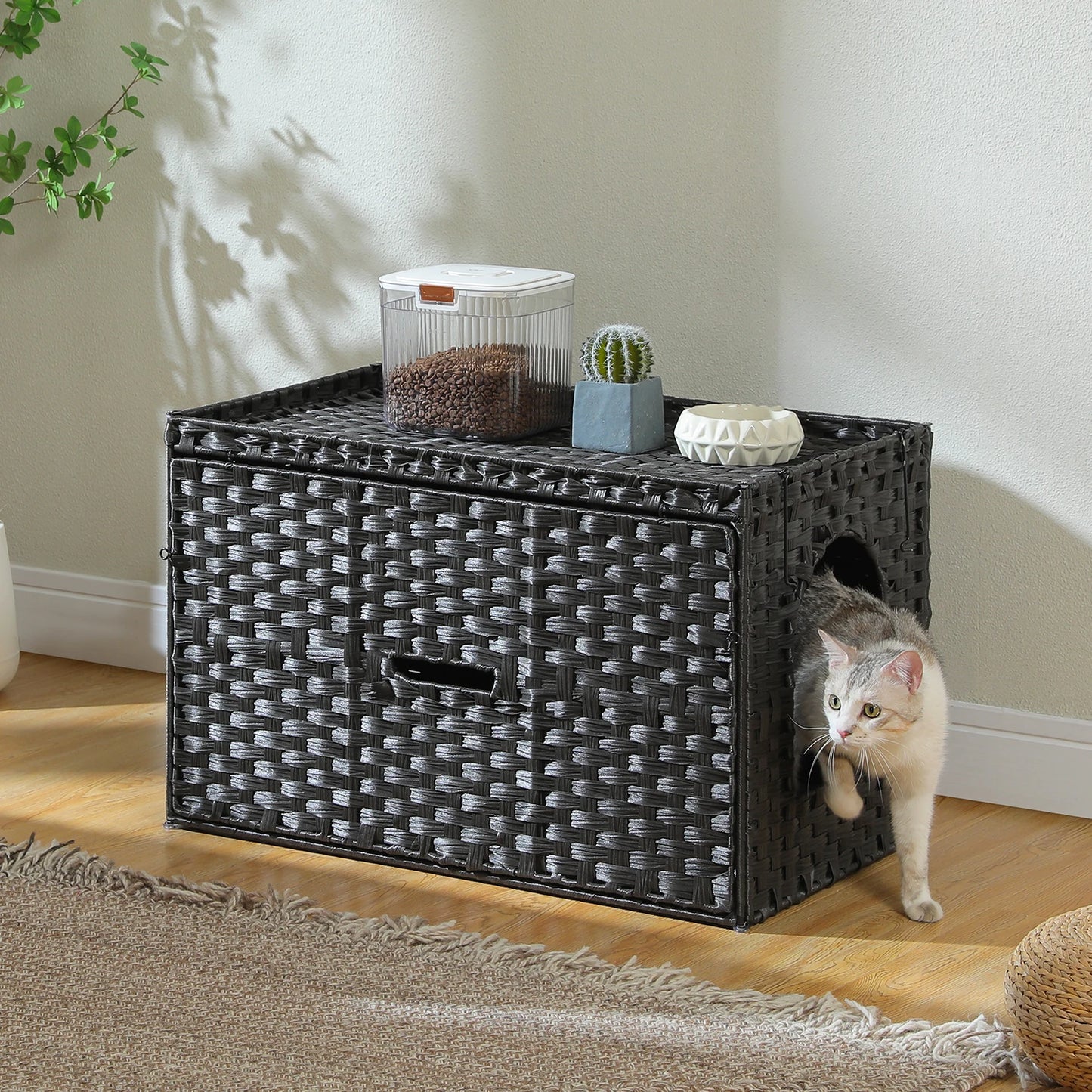 PEQULTI Rattan Cat Litter Box Enclosure With Tall Doorway