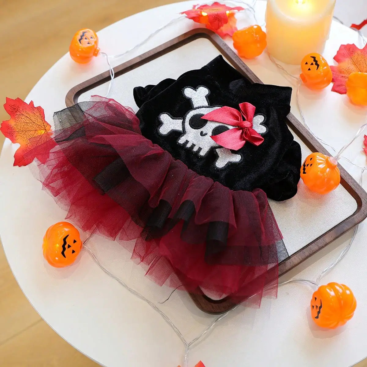 Halloween Puppy Tulle Costume With Bow And Skull Pattern