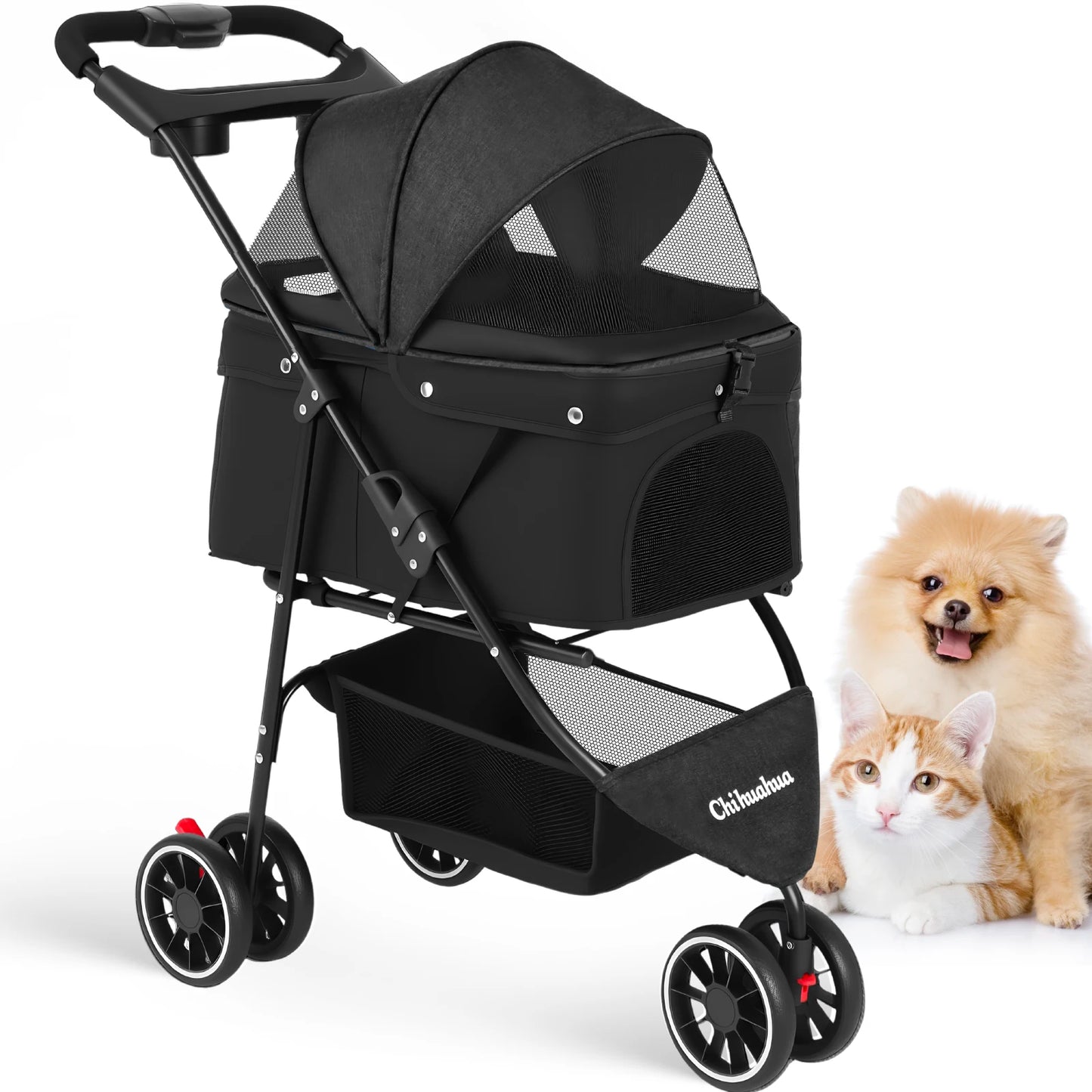 Chihuahua Pet Stroller For Cats And Dogs Foldable 3 Wheels Mesh Canopy
