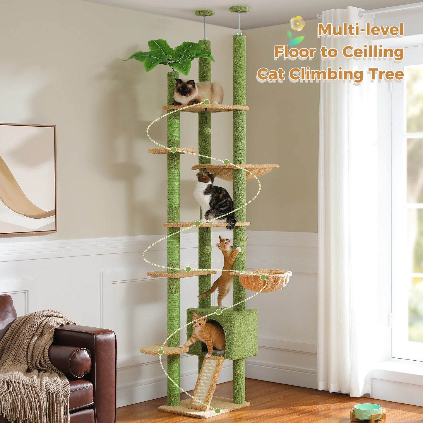 PETEPELA Floor Ceiling Cat Tree With Condo Hammock Scratching Post