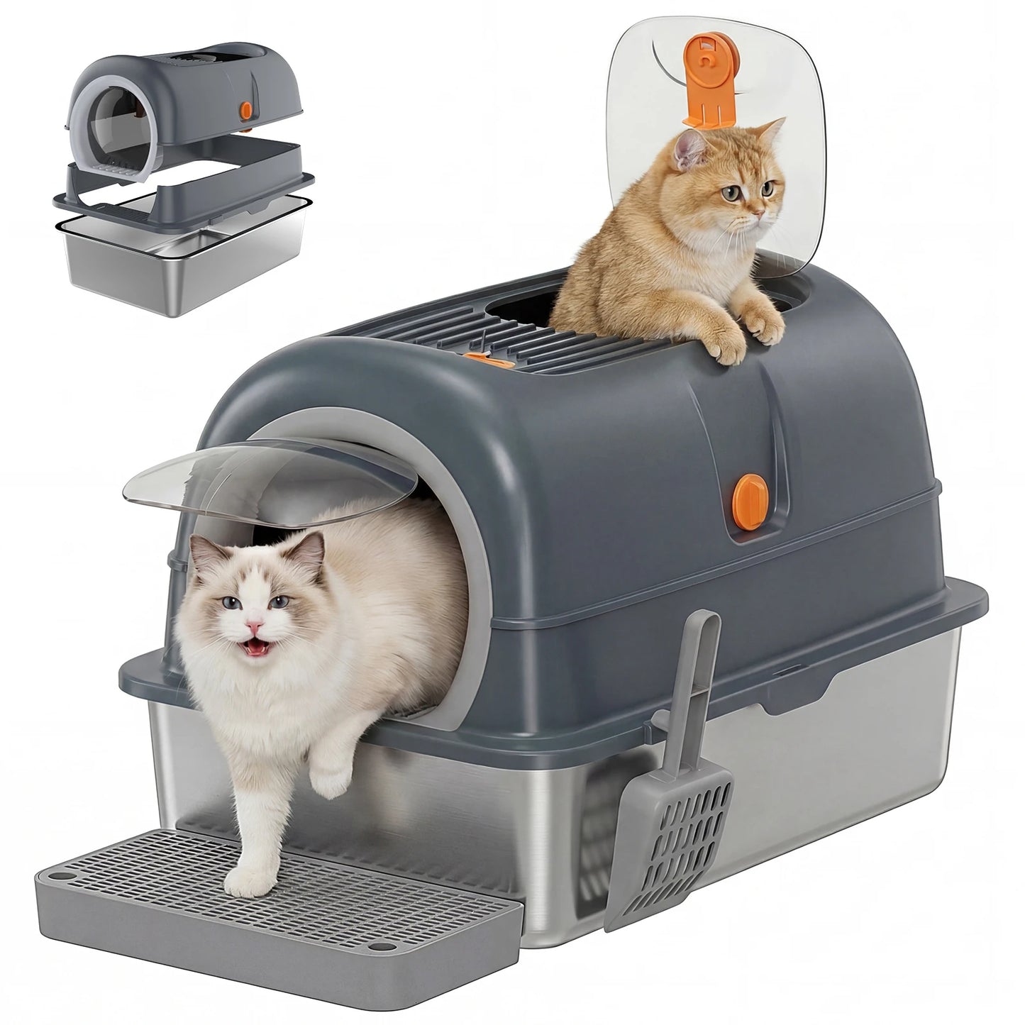 Stainless Steel Cat Litter Box Fully Enclosed, Scoop And Mat