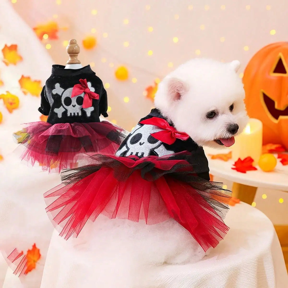 Halloween Puppy Tulle Costume With Bow And Skull Pattern