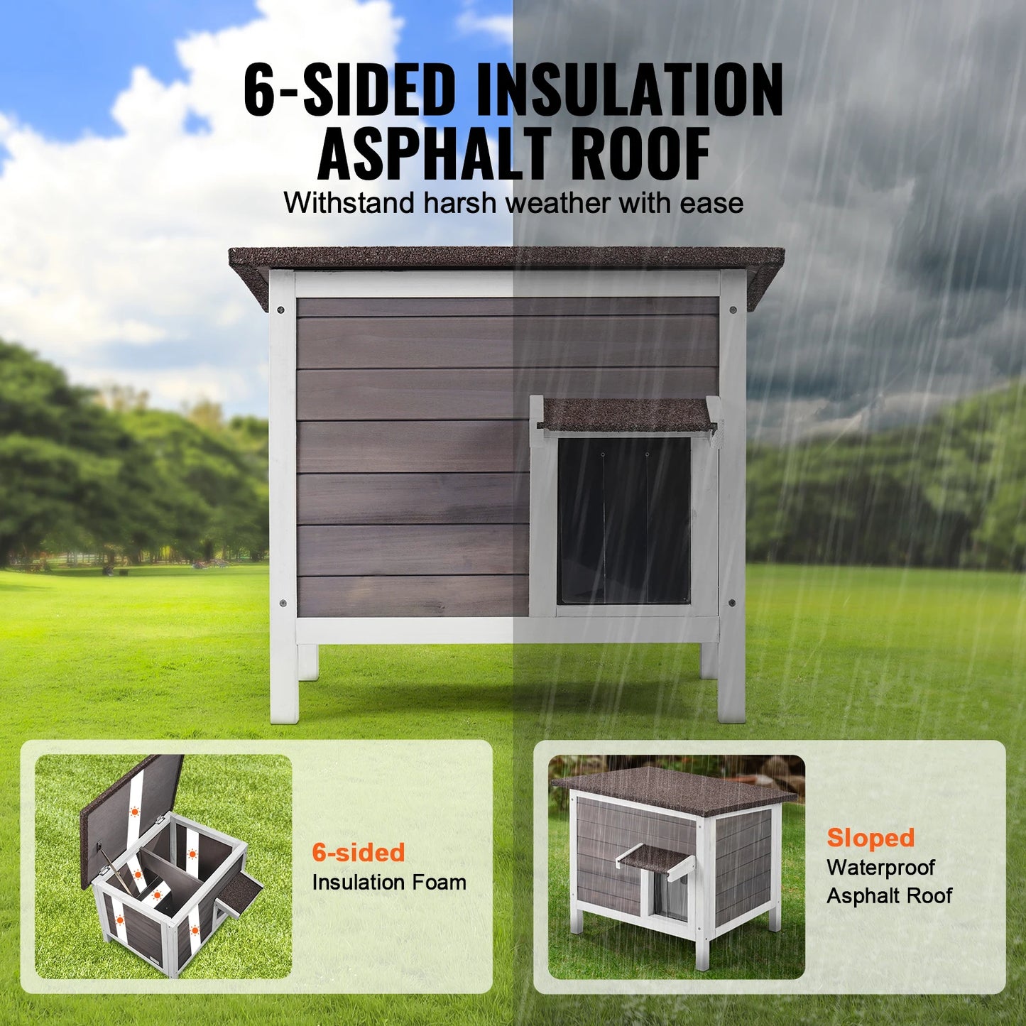 SucceBuy Outdoor Cat House Weatherproof Wooden Shelter Foam Insulated