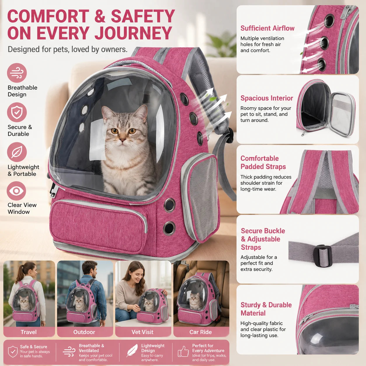 XMSJ Transparent Pet Backpack Carrier For Small Cats And Dogs