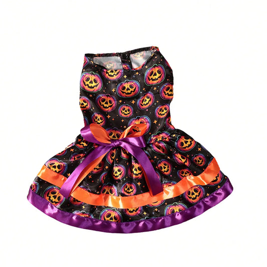 Premium Pumpkin Skull Print Bowknot Halloween Dog Dress