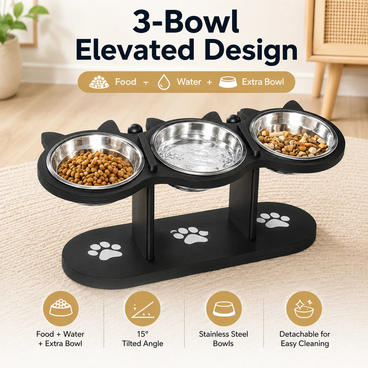 Tilted Elevated Cat Bowl Stand Detachable With Three Stainless Bowls