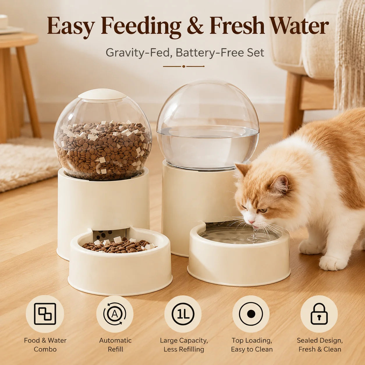 Automatic Cat Gravity Feeder And Water Dispenser With Dome Lid