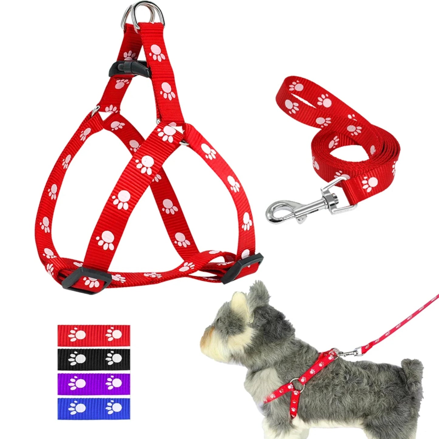 Adjustable Nylon Dog Harness And Leash Set With Paw Prints