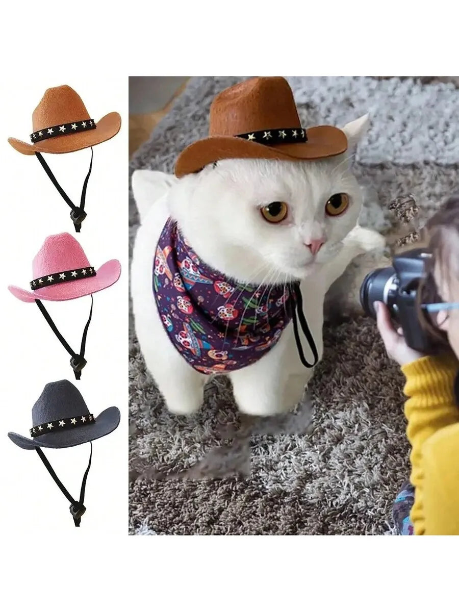 Pet Cat Cowboy Hat With Star Pattern Adjustable Sun Hat