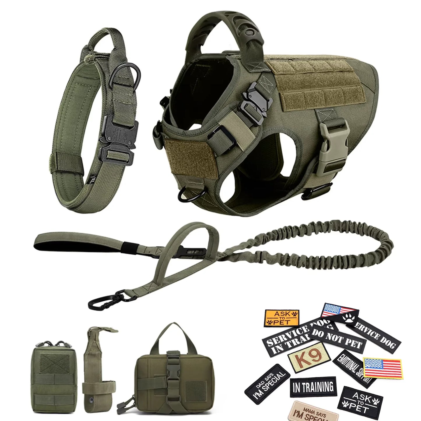 Nylon Military Dog Harness Vest Set With Leash Malinois Patches