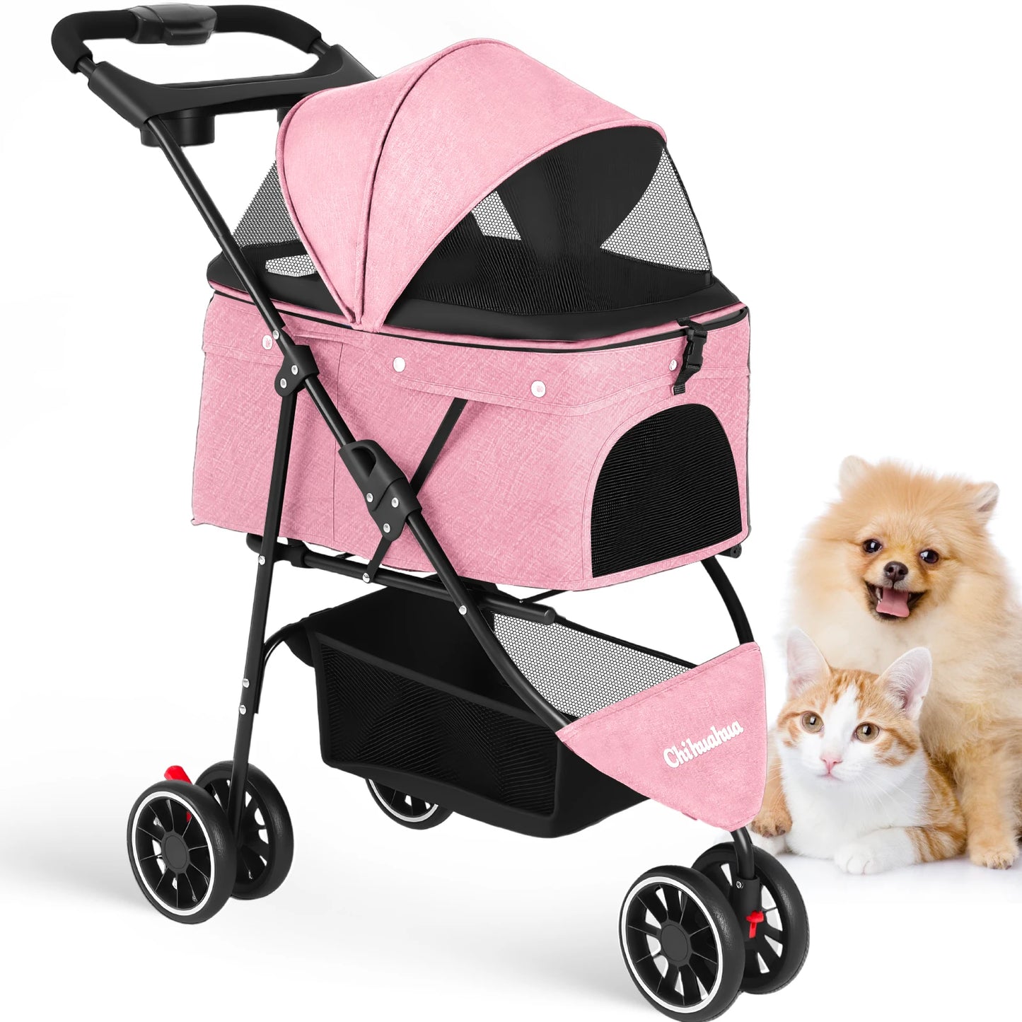 Chihuahua Pet Stroller For Cats And Dogs Foldable 3 Wheels Mesh Canopy