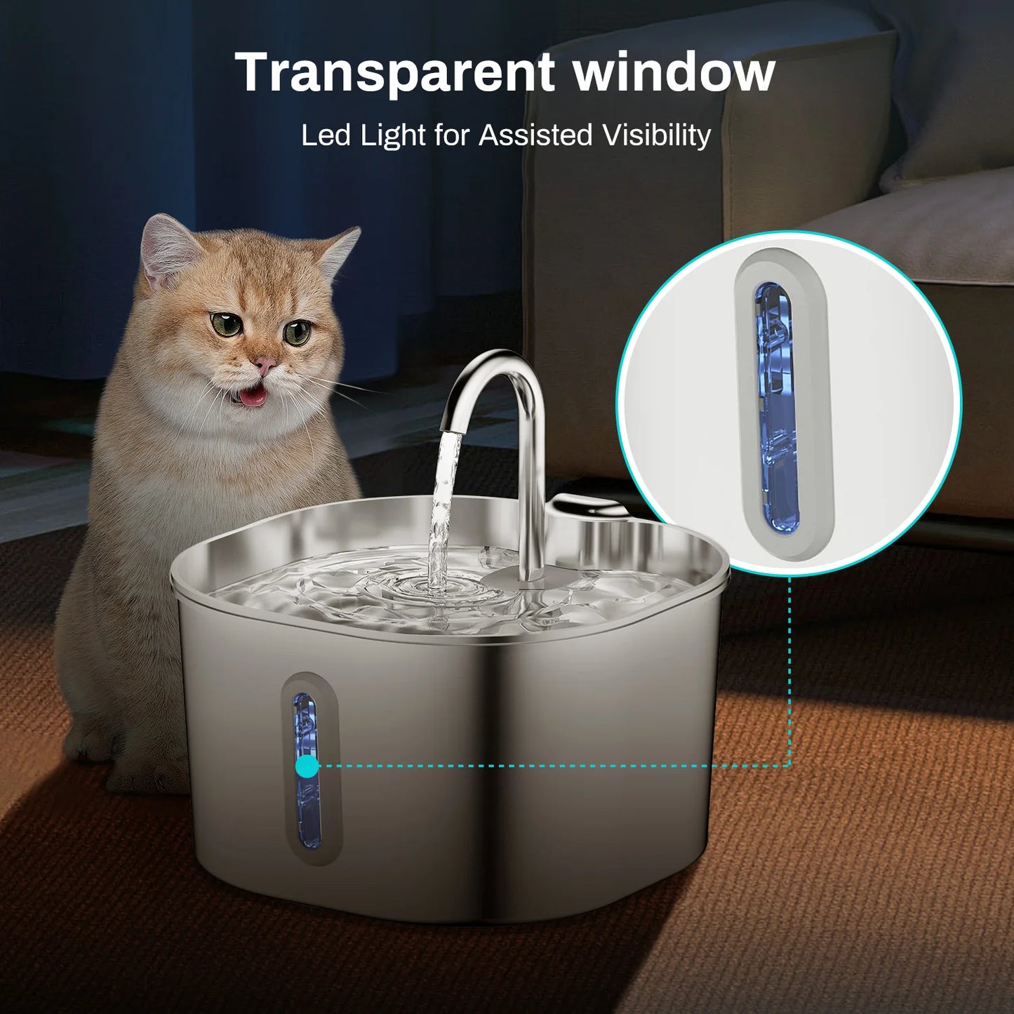 Stainless Steel Automatic Cat Water Fountain With Window