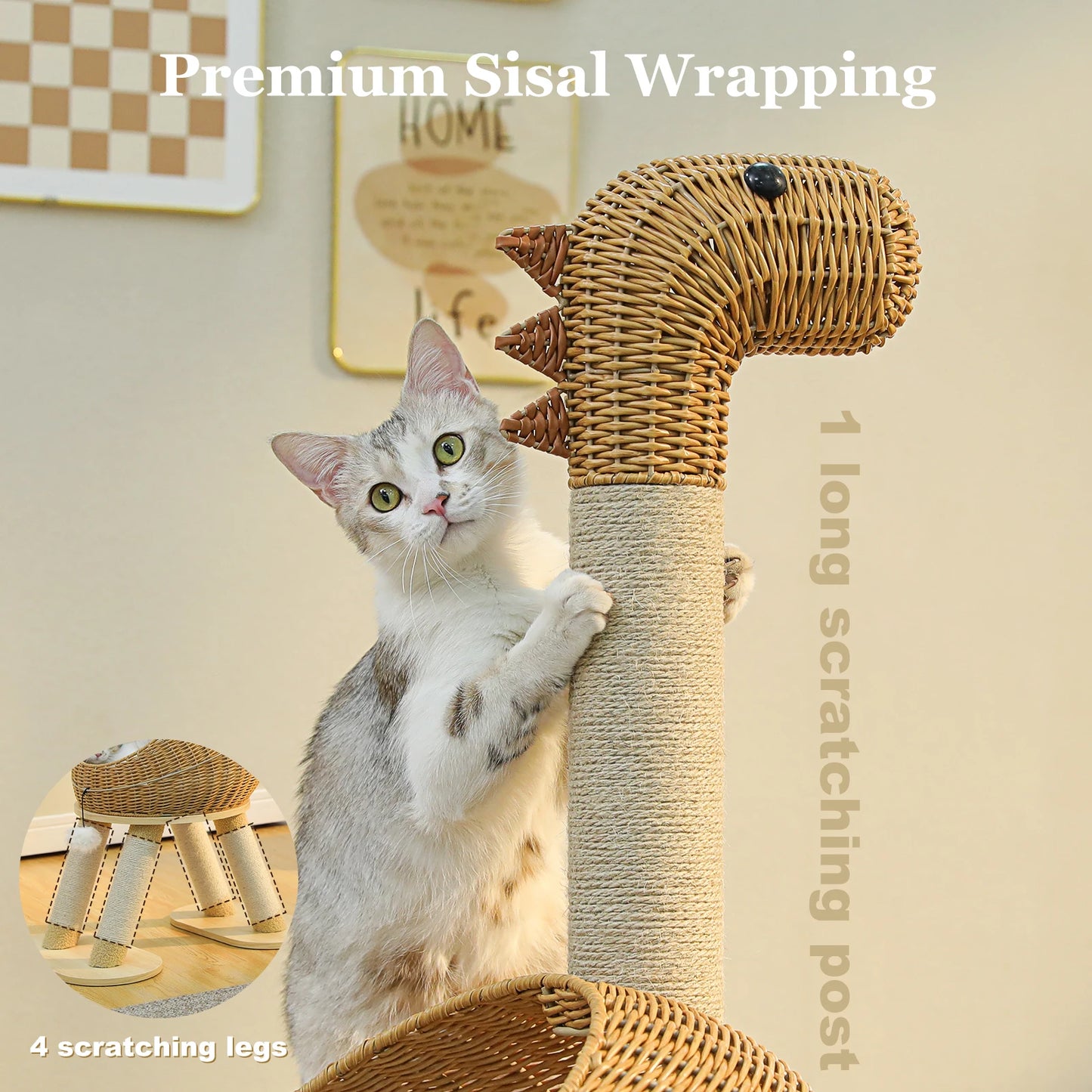 PAWZ Road Dinosaur Cat Tree Tower Three Tier Sisal Scratching Post Rattan Condo