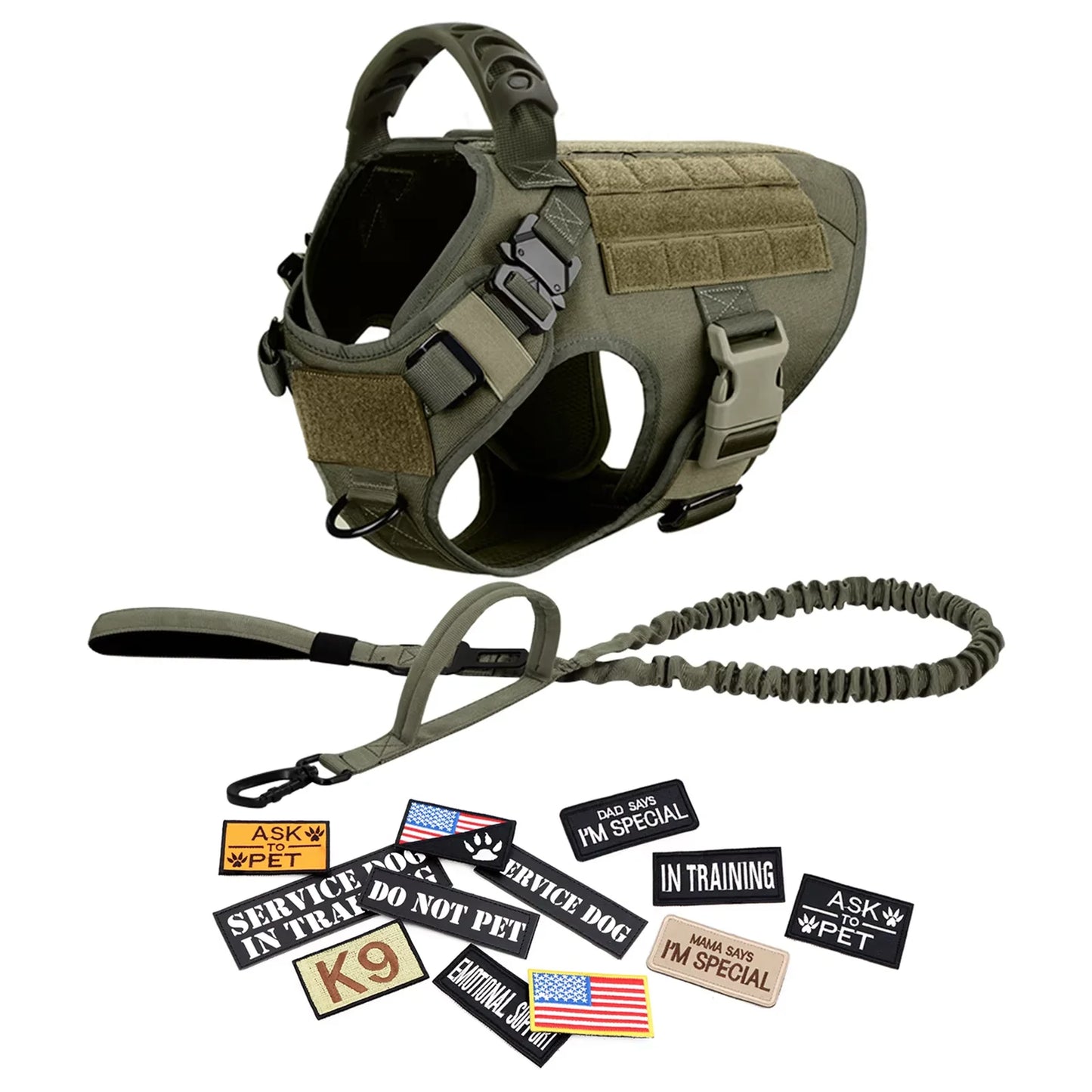 Nylon Military Dog Harness Vest Set With Leash Malinois Patches