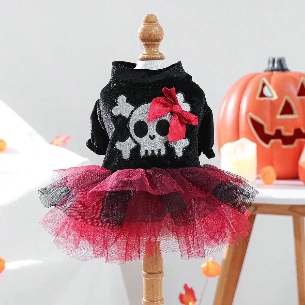 Halloween Puppy Tulle Costume With Bow And Skull Pattern