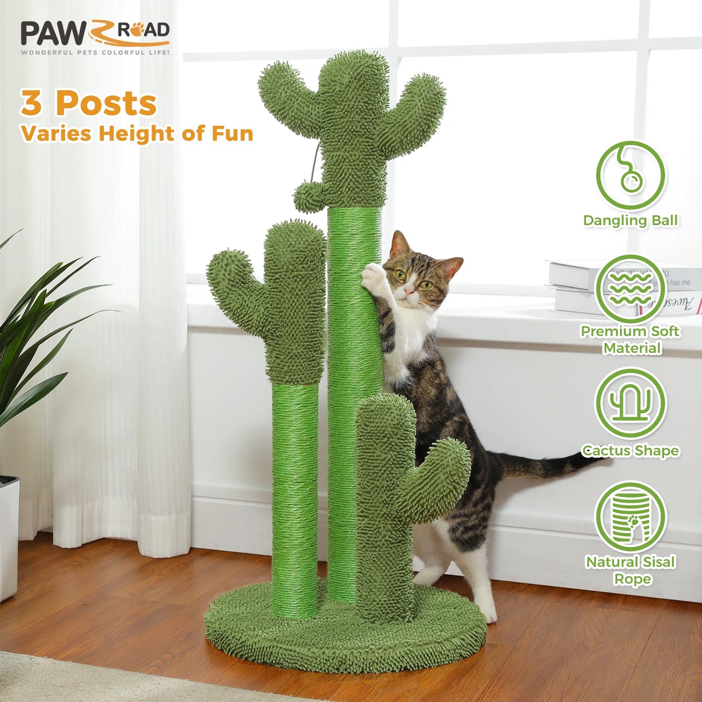 PAWZ Road Cactus Cat Scratching Post With 3 Sisal Poles And Toys